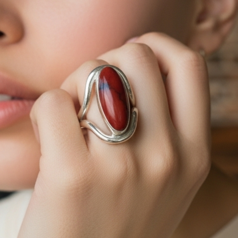🔥Sterling Silver and Red Jasper Minimalist Modernist Ring!